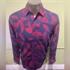 Deniko Men's Red and Blue Patterned Shirt button front stretchy floral